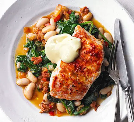 Smoky hake, beans and greens