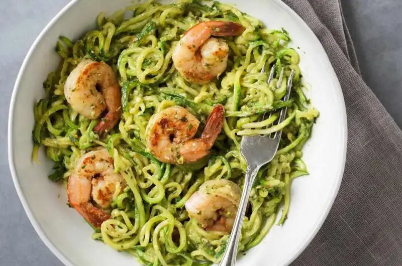 Zucchini Noodles with Avocado Pesto & Shrimp