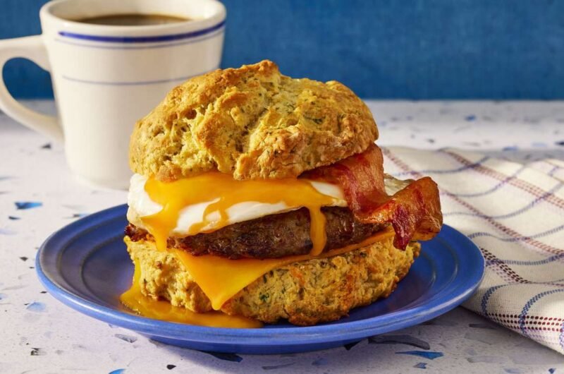 Super Meat Lovers Cheddar Biscuit Breakfast Sandwich